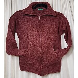 VTG Benetton WOOL ALPACA Zip SWEATER * Holes* Plum Burgundy Purple Pockets Italy